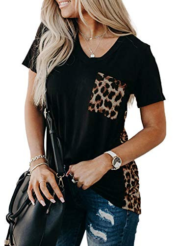 Zecilbo Women's Leopard Patchwork Vneck Summer Shirt Tops Short Sleeve Casual Loose Fit Tee Tunic Leopard, Medium