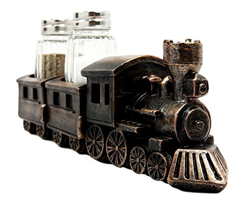 Atlantic Collectibles Bronzed Resin Railroad Express Locomotive Train Salt Pepper Shakers Holder Figurine Set 8.5"L