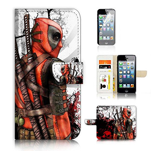 ( For iPhone 5 5S / iPhone SE ) Wallet Case Cover & Screen Protector Bundle! A4100 Deadpool Superhero