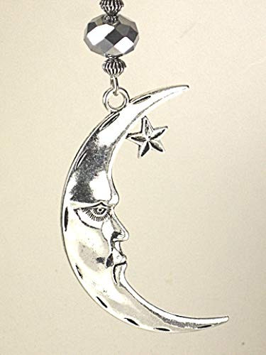 Crescent Moon  and  Star with Faceted Opaque Silver Glass Ceiling Fan Pull / Light Pull Chain