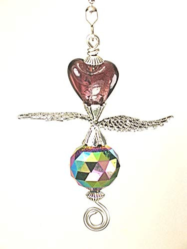 Iridescent Amethyst and Purple Glass Heart with Silvery Angel Wings Ceiling Fan Pull Chain
