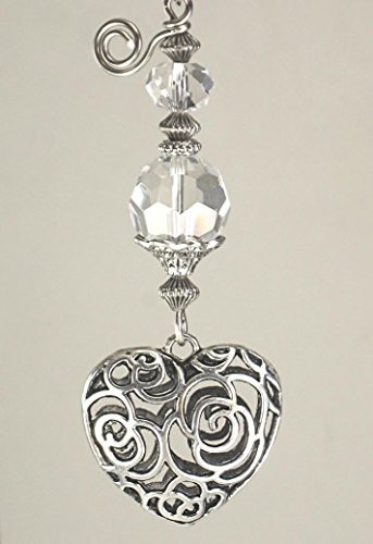 Silvery Puffed Scrollwork Heart and Crystal Clear Glass Light or Ceiling Fan Pull