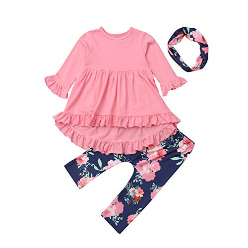 Toddler Little Baby Girls Clothes Ruffle Flare Tunic Dress Topsplus Floral Leggings Pants Scarf 3PCS Outfits Clothing Set Pink, 12-18 Months