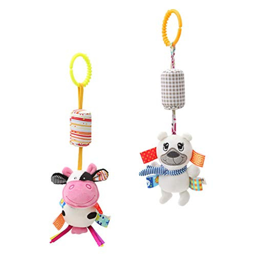 TOYANDONA 2Pcs Baby Hanging Rattle Plush Handbells Stroller Toys Newborn Crib Car Seat Educational Toys Plush Animal Wind Chime for Babies Boys Girls