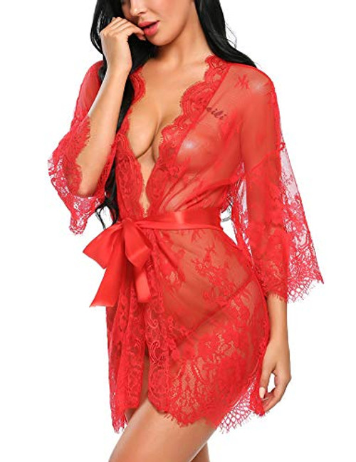Avidlove red Robe Women's Lace Kimono Robe Babydoll Lingerie Mesh Nightgown Red XL Avidlove red Robe Women's Lace Kimono Robe Babydoll Lingerie Mesh Nightgown Red XL