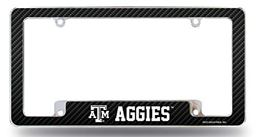 Rico Industries, Inc. Texas A and M Aggies Chrome License Plate Frame Metal Tag Cover EZ View Carbon Fiber Design All Over Style Heavy Gauge University of