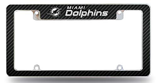 Rico Industries, Inc. Dolphins Metal License Plate Frame EZ View Carbon Fiber Design All Over Style Heavy Gauge Chrome Tag Cover Football