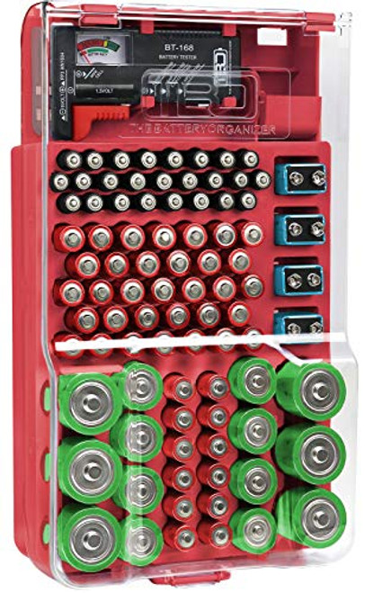 The Battery Organizer TBO7533 Storage Case with Hinged Clear Cover and closing latch, includes a Removable Tester, Holds 93 Batteries Various Sizes, Red