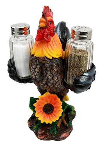 Ebros Country Farm Barnyard Alpha Rooster Salt And Pepper Shakers Holder Figurine Set Sunflower Poultry Chicken Seasonings Decor
