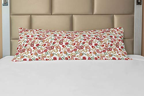 Ambesonne Paisley Body Pillow Case Cover with Zipper, Style Rose and Swirled Floret Buds Bohemian Lady Feminine Art Print, Decorative Accent Long Pillowcase, 21inch  x 54inch , Pink Red