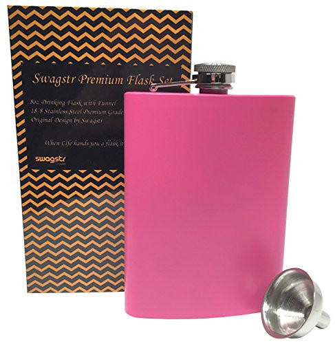 Swagstr Flask with funnel and Gift Box! 304 (18/8) 8oz Stainless Steel Leak Proof Pink Silver Metal Hip Flasks for Alcohol Liquor Spirits Whiskey Vodka - Gift Set (Pink)