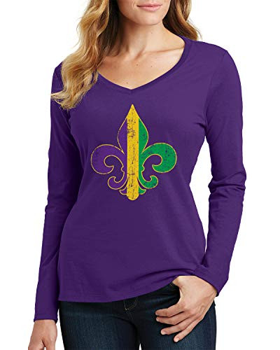 Threadrock Women's Mardi Gras Fleur De Lis Long Sleeve V-Neck T-Shirt - Large, Purple