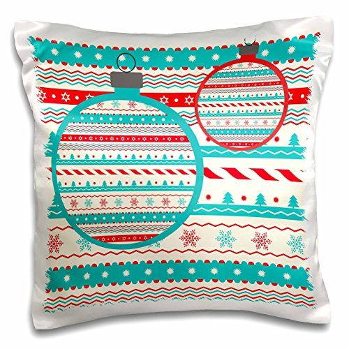 3dRose pc_224852_1 Turquoise White and Red Pattern with Ornaments Pillow Case, 16inch  x 16inch