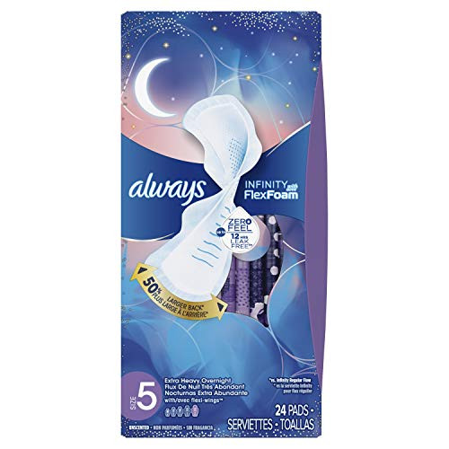 Always Infinity Extra Heavy Overnight Pads with Wings, Size 5, Unscented, 24 Count