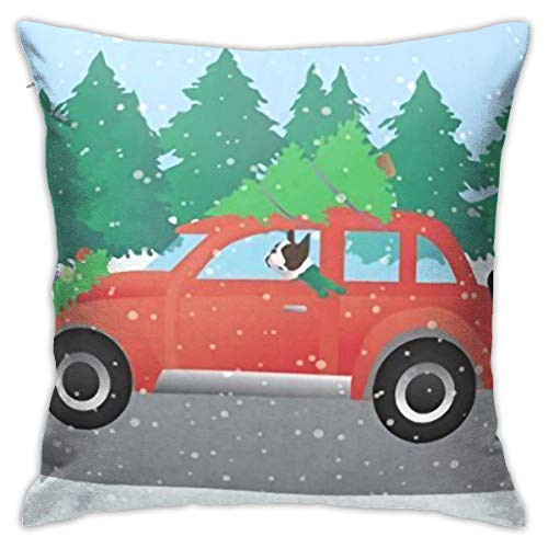 BJfuda Throw Pillow Covers 18x18 Inches,Square Decorative Throw Pillow Cases for Sofa Bedroom Car Brown Boston Terrier Driving A Christmas