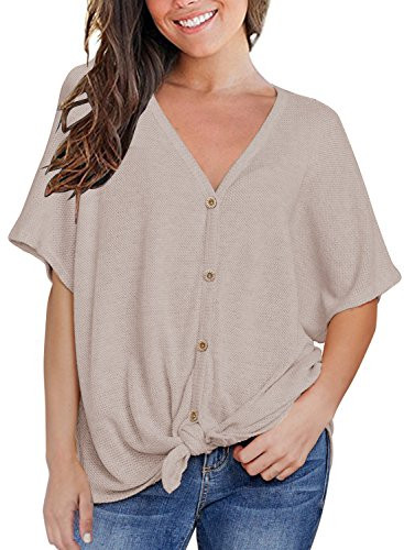 MIHOLL Womens Short Sleeve Casual V Neck Loose Tops Blouse T-Shirt with Buttons X-Large, Oatmeal
