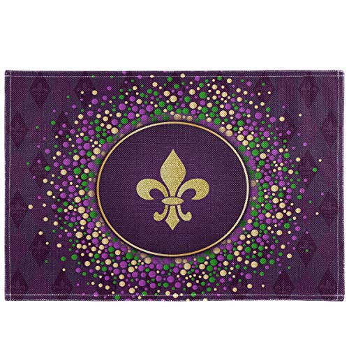 Oarencol Mardi Gras Fleur De Lis Glitter Carnival Celebration Zigzag Placemat Table Mats Set of 4, Heat-Resistant Washable Clean Kitchen Place Mats for Dining Table Decoration
