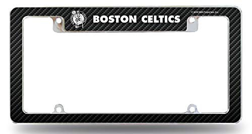 Rico Industries, Inc. Boston Celtics Metal License Plate Frame EZ View Carbon Fiber Design All Over Style Heavy Gauge Chrome Tag Cover Basketball