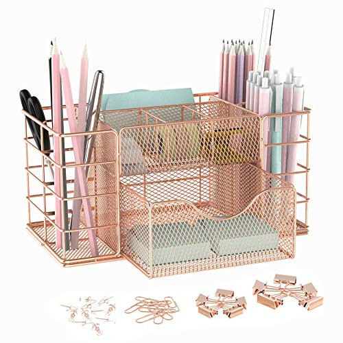 Rose Gold Mesh Desk Organizer with Drawer Office Supplies Organizer with 9 Compartments, Metal Caddy Organizer for Office, Home, School Rose Gold Rose Gold Mesh Desk Organizer with Drawer Office Supplies Organizer with 9 Compartments, Metal Caddy Organizer for Office, Home, School Rose Gold