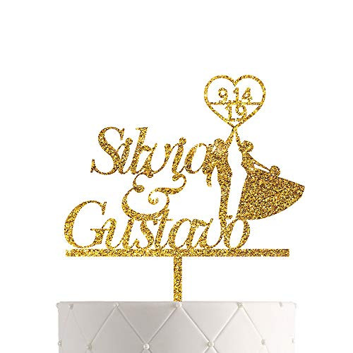 Personalized Wedding Cake Topper With Customized Bride and Groom Last Name or Marriage Date for Mr Mrs Gold Glitter