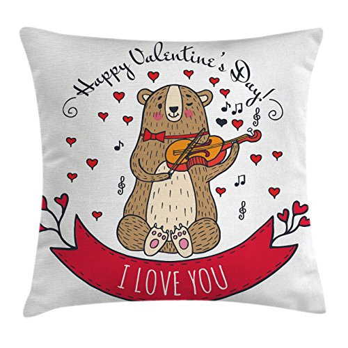 Ambesonne Valentines Day Throw Pillow Cushion Cover, Teddy Bear with Violin Made with Love Romantic Music Notes Heart I Love You, Decorative Square Accent Pillow Case, 16inch  X 16inch , Red Brown