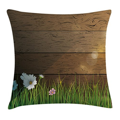 Ambesonne Flower Throw Pillow Cushion Cover, Digitally Drawn Daisy Field in Front of Wooden Fences Sunny Foliage Theme, Decorative Square Accent Pillow Case, 16inch  X 16inch , Green Brown