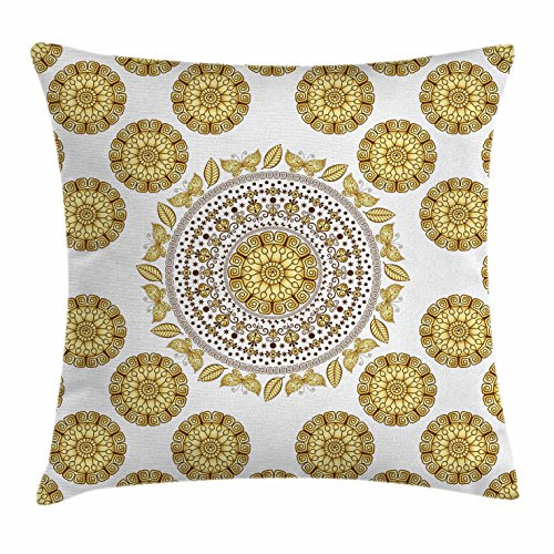 Ambesonne Mandala Throw Pillow Cushion Cover, Circle Mandala Pattern Butterflies with Leaves Natural Composition, Decorative Square Accent Pillow Case, 16inch  X 16inch , Yellow Cream Brown
