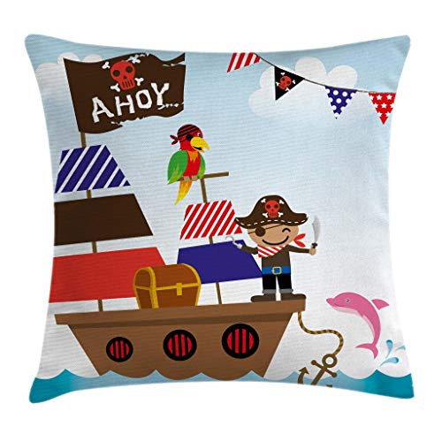 Ambesonne Ahoy Its a Boy Throw Pillow Cushion Cover, Pirate Kids Treasure Chest with Ship on Ocean Background Illustration, Decorative Square Accent Pillow Case, 16inch  X 16inch , Blue Brown