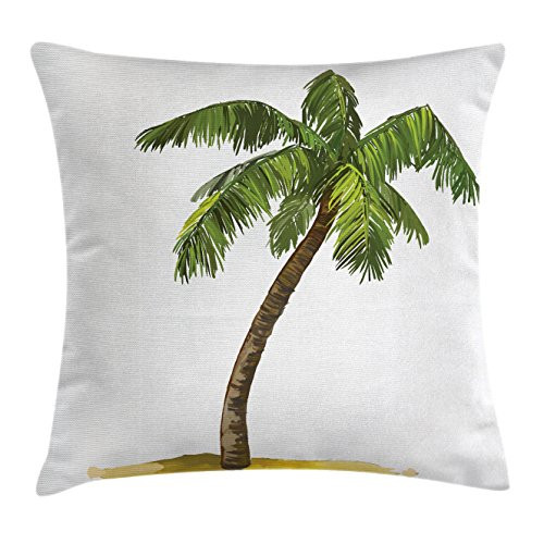 Ambesonne Palm Tree Throw Pillow Cushion Cover, Cartoon Palm Tree Image Tropical Plant and Sand Serenity Nature Foliage Print, Decorative Square Accent Pillow Case, 16inch  X 16inch , Green Brown