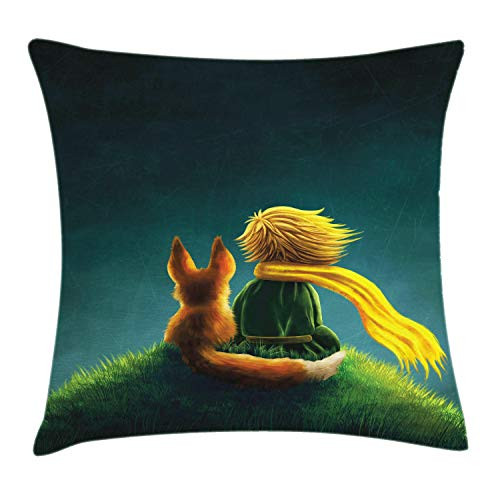 Ambesonne Fantasy Throw Pillow Cushion Cover, Children Design Little Prince and The Fox Looking at The Sky Pattern, Decorative Square Accent Pillow Case, 16inch  X 16inch , Fern Green