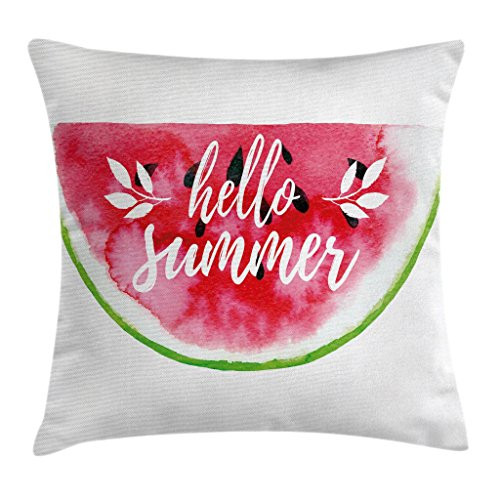 Ambesonne Lifestyle Throw Pillow Cushion Cover, Watercolor Watermelon with Hello Summer Motivation Words Paint Print, Decorative Square Accent Pillow Case, 16inch  X 16inch , Green Red