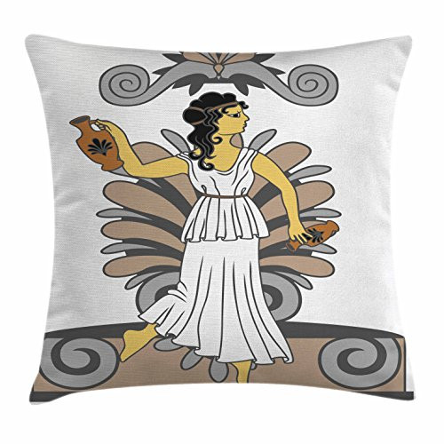 Ambesonne Retro Throw Pillow Cushion Cover, Greek Woman with Amphoras in Classical Style Colored Variant Art, Decorative Square Accent Pillow Case, 16inch  X 16inch , Grey Pale Brown Black