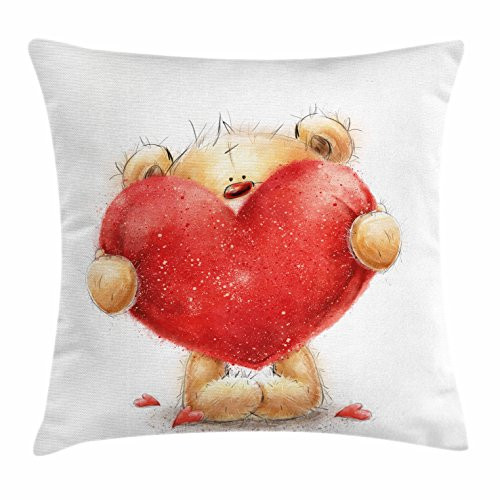 Ambesonne Bear Throw Pillow Cushion Cover, Valentine's Day Inspired Teddy Bear Holding a Big Red Heart Love Romance, Decorative Square Accent Pillow Case, 16inch  X 16inch , Sand Brown Red