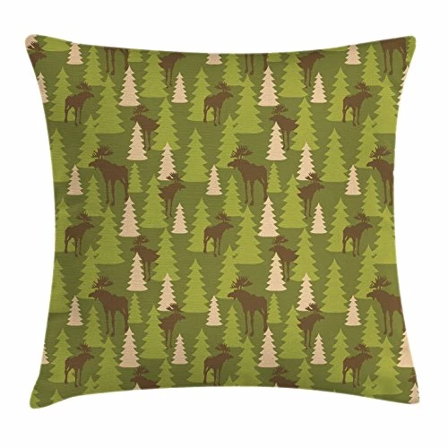 Ambesonne Deer Throw Pillow Cushion Cover, Animals in The Forest Mooses and Pine Trees Pattern Canada Foliage Mammal Design, Decorative Square Accent Pillow Case, 16inch  X 16inch , Green Tan Brown
