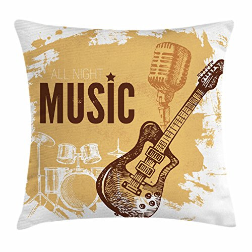 Ambesonne Rock Music Throw Pillow Cushion Cover, Vintage Sketch Hand Drawn Drums and Microphone Pattern Abstract Backdrop, Decorative Square Accent Pillow Case, 16inch  X 16inch , Pale Coffee Brown