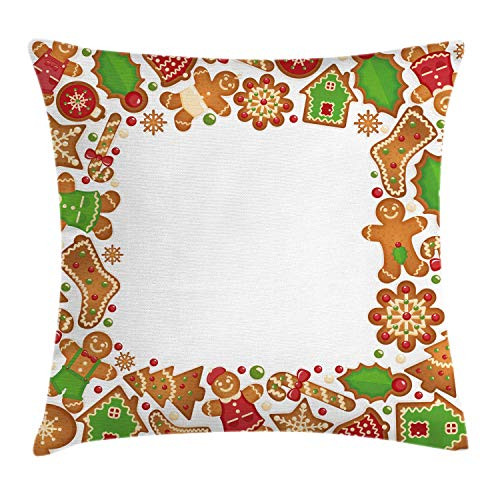 Ambesonne Christmas Throw Pillow Cushion Cover, Taste of Xmas Season Frame with Gingerbread Cookies and Biscuits, Decorative Square Accent Pillow Case, 16inch  X 16inch , Green Brown and Red