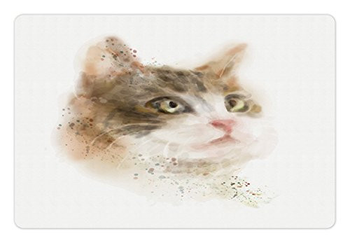 Lunarable Cat Pet Mat for Food and Water, Vintage Blurry Kitten Painting Domestic Furry Animal Kitty Pet Artwork Image, Rectangle Non-Slip Rubber Mat for Dogs and Cats, Tan and Beige
