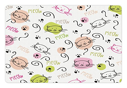 Lunarable Cat Lover Pet Mat for Food and Water, Cartoon with Paws Curvy Lines Meow Doodle Style Artwork, Rectangle Non-Slip Rubber Mat for Dogs and Cats, Peach Baby Pink Avocado Green