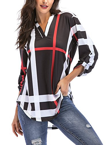 St. Jubileens Women Roll-Up 3/4 Sleeve Plaid Shirt Tunic V Neck Casual Pullover Blouses Tops XL, Black