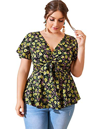 Romwe Women's Plus Size Floral Short Sleeve Tie Knot Front Babydoll Ruffle Peplum Blouse Multicolor1 4X Plus