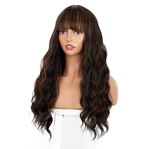 ENTRANCED STYLES Dark Brown Wig with Bangs, Long Wavy Wigs for Women Blonde Highlights Wig Natural Looking Heat Resistant Synthetic Wigs Daily Party Use