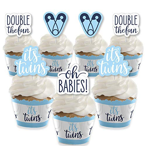 Big Dot of Happiness Its Twin Boys - Cupcake Decoration - Blue Twins Baby Shower Cupcake Wrappers and Treat Picks Kit - Set of 24