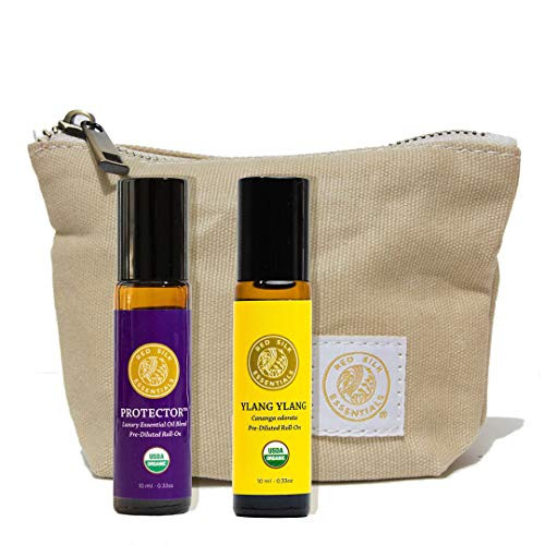 Red Silk Essentials USDA Organic Protector Essential Oil Blend based on the Legend of 4 Thieves  and  Ylang Ylang Essential Oil Roll-ons with Canvas Travel Case, Pure Natural Aromatherapy
