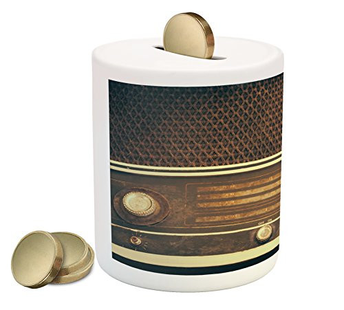 Ambesonne Vintage Piggy Bank, Old Antique Retro 60s Style Radio Music Player Loudspeakers Buttons Image, Printed Ceramic Coin Bank Money Box for Cash Saving, Brown and White
