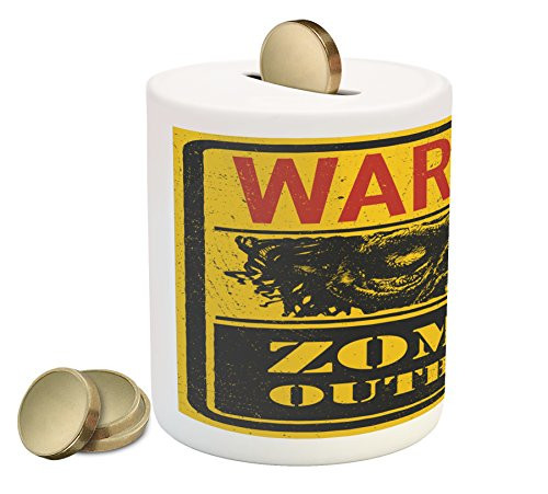 Ambesonne Zombie Piggy Bank, Retro Warning Outbreak Horror Monster Sign in Vintage Grunge Illustration, Printed Ceramic Coin Bank Money Box for Cash Saving, Earth Yellow Grey Red Ambesonne Zombie Piggy Bank, Retro Warning Outbreak Horror Monster Sign in Vintage Grunge Illustration, Printed Ceramic Coin Bank Money Box for Cash Saving, Earth Yellow Grey Red