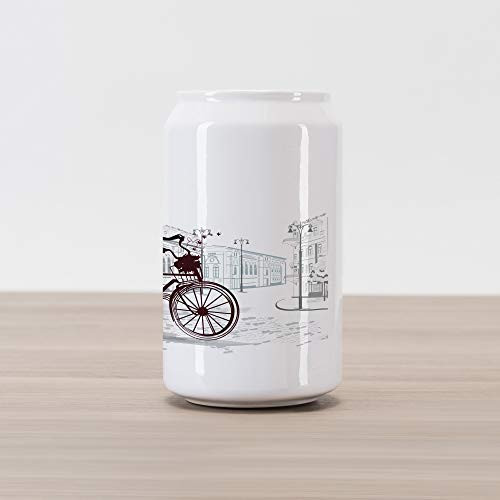 Ambesonne Teen Room Cola Can Shape Piggy Bank, Young Girl in Paris Streets Bicycle French Style Display, Ceramic Cola Shaped Coin Box Money Bank for Cash Saving, Pale Brown Chestnut Brown and Pearl