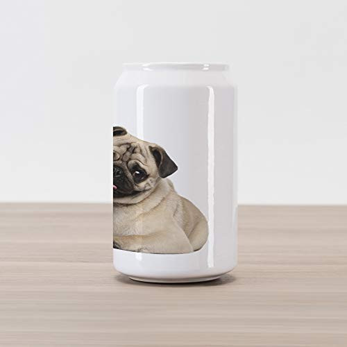 Ambesonne Pug Cola Can Shape Piggy Bank, 9 Months Old Pug Puppy Lying Around Pet Funny Animal Domestication Print, Ceramic Cola Shaped Coin Box Money Bank for Cash Saving, Pale Brown Black