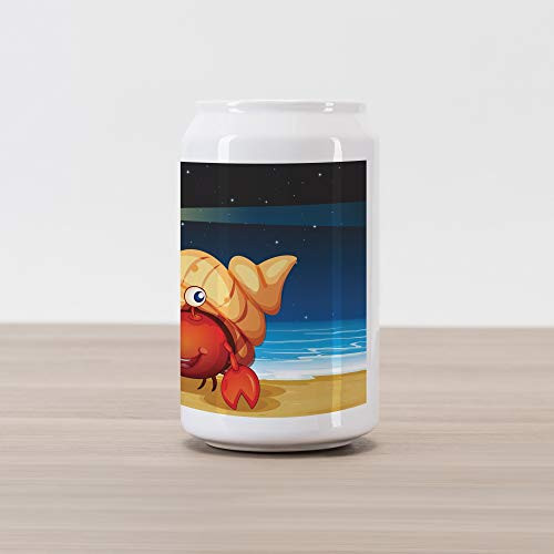 Ambesonne Crabs Cola Can Shape Piggy Bank, Illustration of Marine Creature Under a Shell at The Beach at Night with a Lighthouse, Ceramic Cola Shaped Coin Box Money Bank for Cash Saving, Multicolor