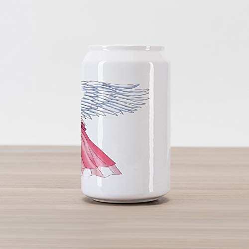 Ambesonne Anime Cola Can Shape Piggy Bank, Fairytale Character Angel in a Pink Dress Holding a Heart Romantic Valentines Day, Ceramic Cola Shaped Coin Box Money Bank for Cash Saving, Pink Red White