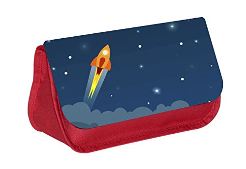 Rocket Ship Blast Off - Boys/Girls Red Pencil Case - Pencil Bag - with 2 Zippered Pockets and Nylon Lining